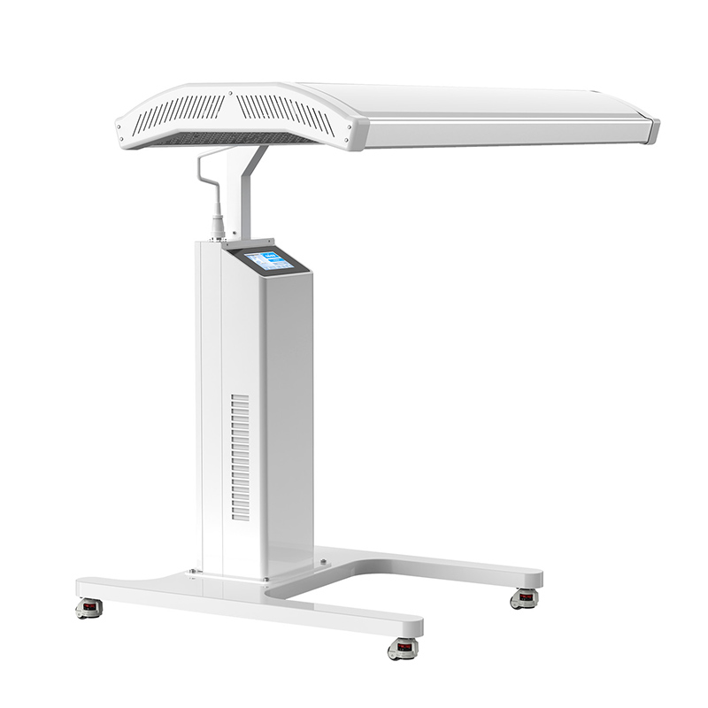 Oxygen Health Systems phototherapy panel in horizontal position on a mobile stand with touchscreen control