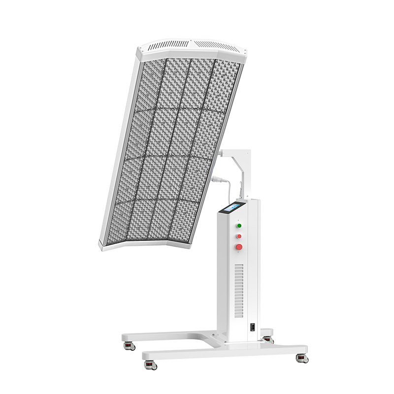 Oxygen Health Systems red light therapy panel angled upright on a mobile stand with touchscreen and control buttons