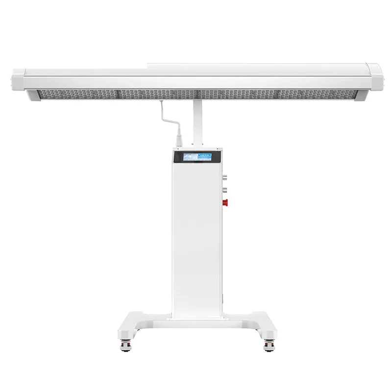 Front view of the Oxygen Health Systems full-body light therapy panel on its rolling base