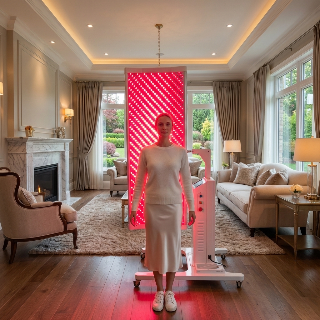 A woman standing in front of a glowing Oxygen Health Systems full-body red light therapy panel in an elegant living room