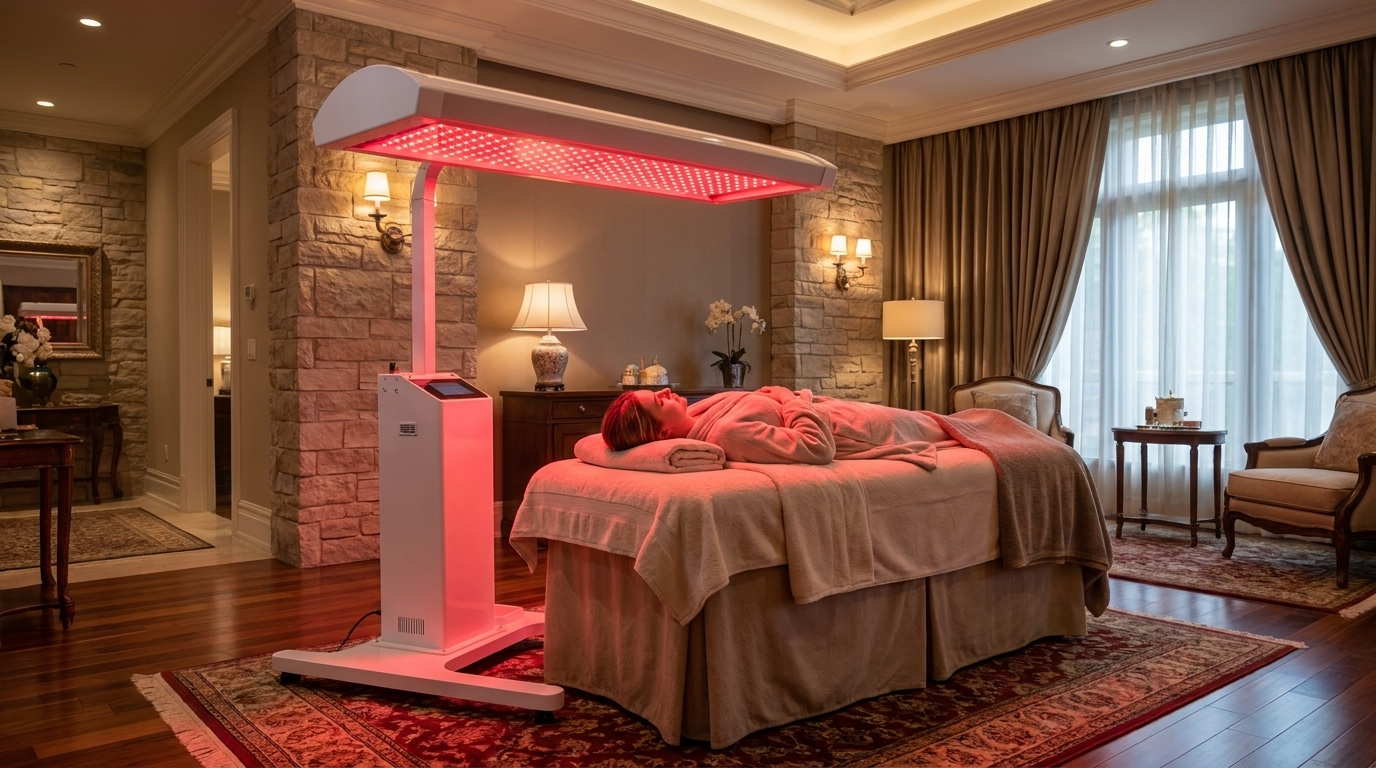 A client relaxing on a spa bed beneath a glowing Oxygen Health Systems full-body red light therapy panel in a luxury treatment room