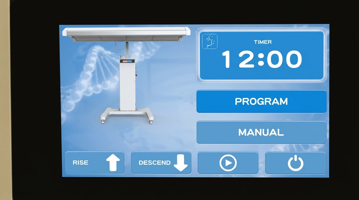 Oxygen Health Systems panel touchscreen showing the timer, Program and Manual modes, and rise, descend, play, and power controls