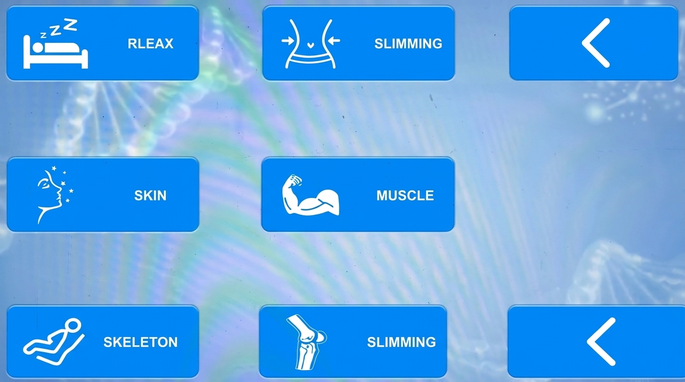 The touchscreen program menu showing built-in preset modes: Relax, Slimming, Skin, Muscle, and Skeleton