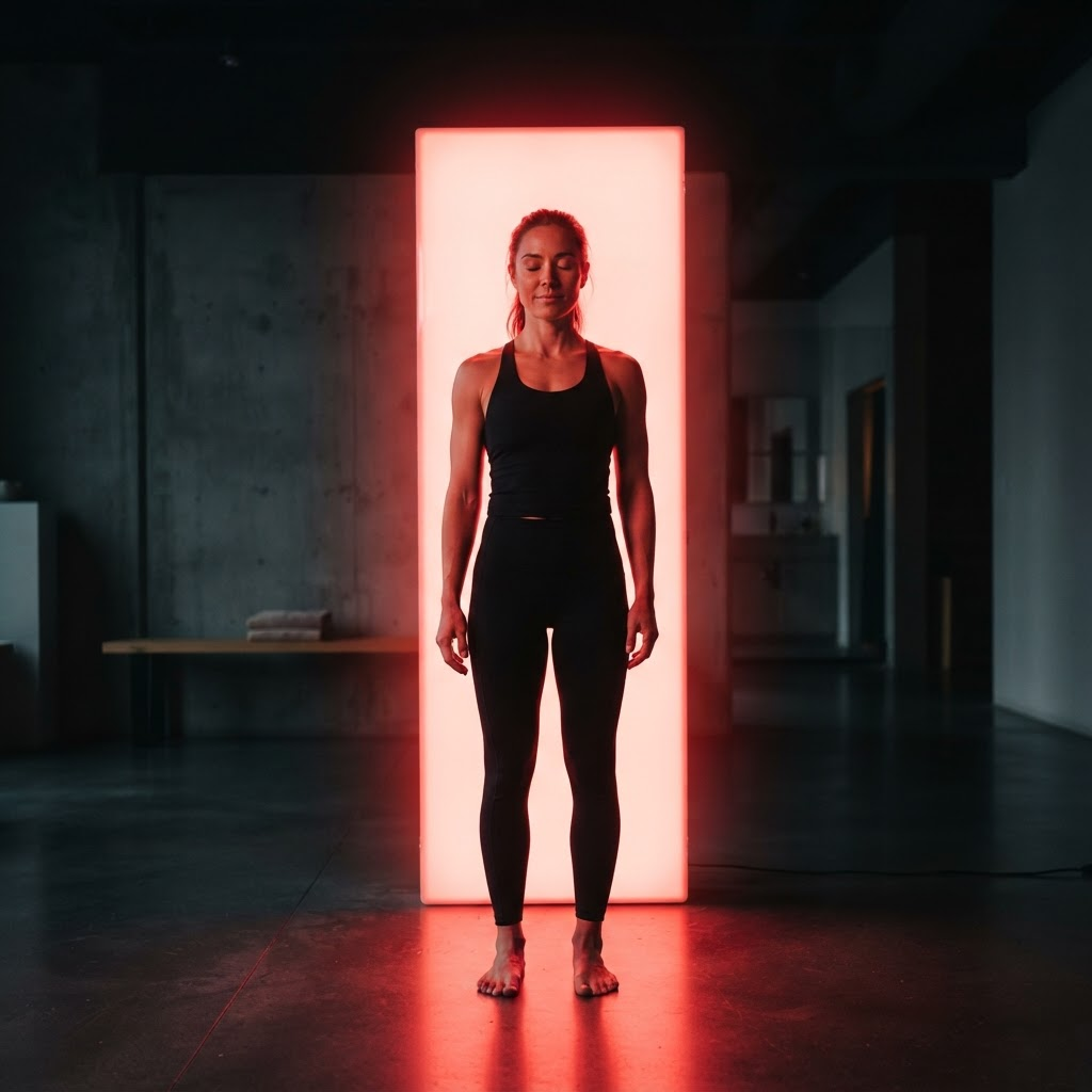 A person receiving a full-body red light therapy session in a modern wellness studio